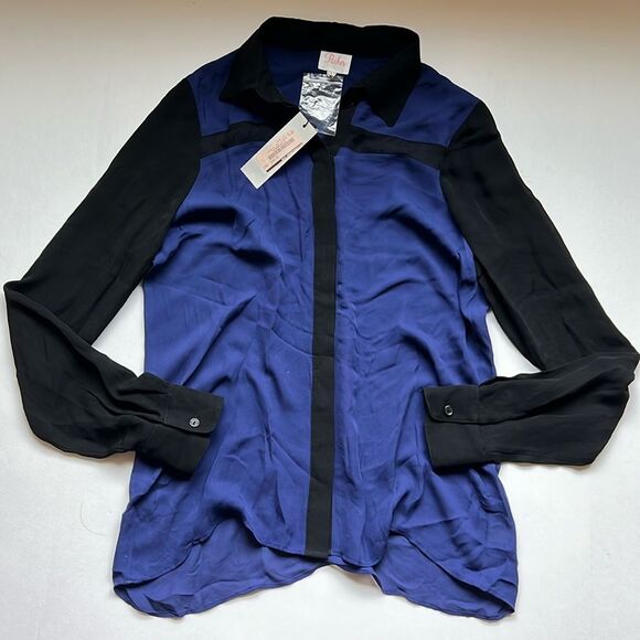 Parker Mesh Inset Top Silk Blue Black Size Medium NWT - Picture 2 of 7